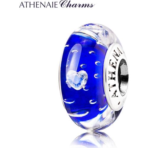 ATHENAIE Genuine Murano Glass bead 925 Silver Effervescence Clear Heart CZ Charms Bead Fit European Women Bracelets Color Blue
