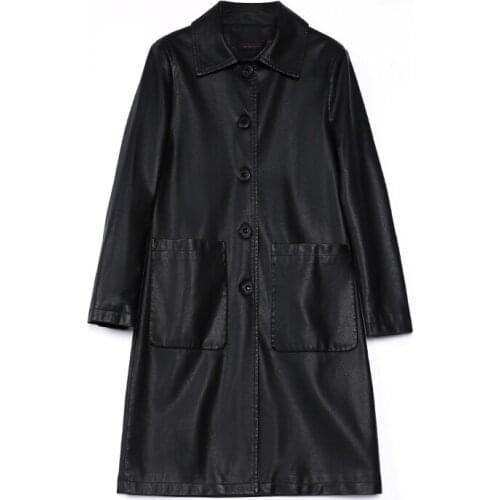 Hot Sell Women Red Elegant Single Breasted PU Leather Long Jackets Ladies Faux Sheepskin Trench Coat Streetwear Female Outerwear