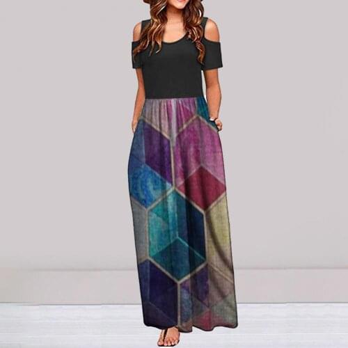 50%HOTSummer Dress Geometric Print Slim Women Round Neck Short Sleeve Dress for Banquet