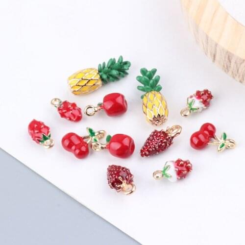 10pcs Alloy Fruit Enamel Pendants Charms 3D Pineapple Strawberry Cherry Pendants DIY Hair Bracelet Earring Jewelry Making FX082