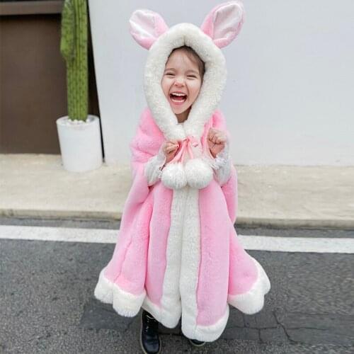 2020 elegant Baby Teenage Winter Parka cloak Rabbit Ear Hooded Thick Children Girls Faux Fur Fleece Coats down Jackets clothes