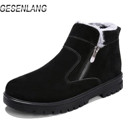 Winter Mens Walking Shoes Leather Zipper Plus Fur Comfortable Warm Snow Boots Outdoor Anti-Skid Wearable Casual Barefoot Shoes