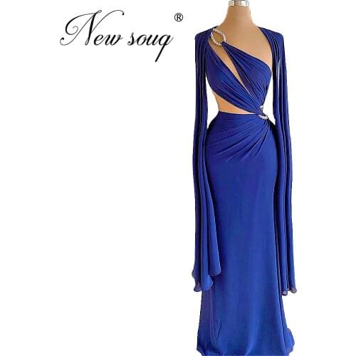 Elegant Blue Evening Dresses 2020 New Women Dubai Arabic Formal Party Gowns Pleats Long Prom Dresses Vestidos De Fiesta De Noche