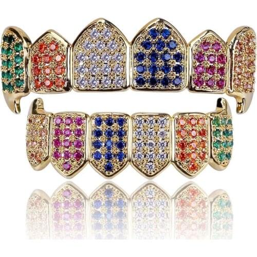 Hip Hop Iced Out Gold Color Top&Bottom Punk Rapper Teeth Rainbow Grillz Men Dental Mouth With CZ Cosaply Party Hip Hop Jewelry