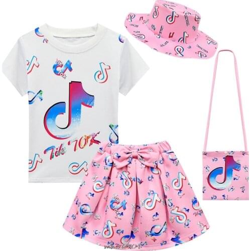 Kids Girl Clothing Sets Summer Tik Tok Baby Girls Clothes Short Sleeve T-Shirt+Dress + Hat + Bag Dress Children Clothes Suits