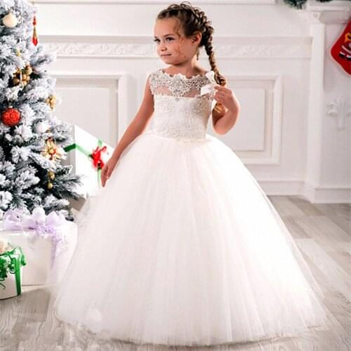 White ivory Flower Girl Dress Trailer Puffy Wedding party Dress Girl First Communion Eucharist Attended Princess Lace Eve