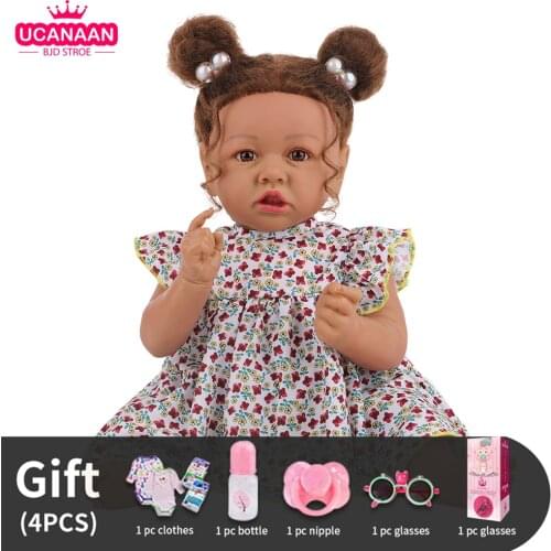 UCanaan 22'' 55CM Reborn Baby Doll Black Skin Girls Dolls Cloth Body Silicone Newborn Toddler Toys Children Birthday Xmas Gifts