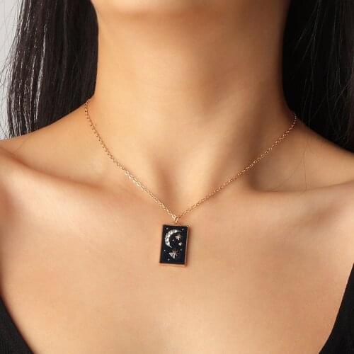 Minar Black Resin Star and Moon Pendant Necklaces for Women Gold Color Thin Chain Rectangle Coin Chokers Necklace Accessories