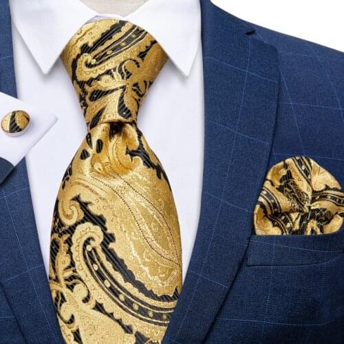 New Fashion Yellow Black Paisley Silk Ties For Men High Quality 8cm Business Wedding Necktie Pocket Square Cufflinks Set DiBanGu