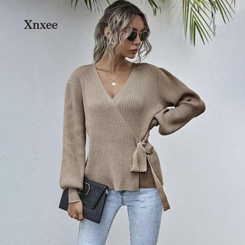 2020 Autumn and Winter Fashion Knitted Cardigan Cross-Wrap Sweater Womens Coat New Ladies Solid Color Casual V-Neck Waist Tie C