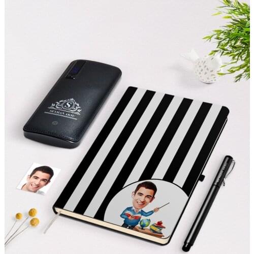 Personalized Men 'S Teacher Caricature Of Black Notebook pen 12.000 Mah Powerbank Gift Seti-5