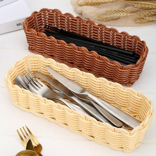 Rattan Plastic Basket Tableware Baskets Rectangular Wicker Bamboo Storage Box for Knives Forks Chopsticks Bread Cakes Fruits