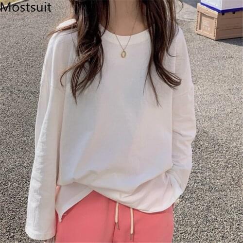 Casual Loose Women T Shirt Tops Spring Autumn Full Sleeve O-neck Korean Fashion Solid Tees T-shirts Femme 2021