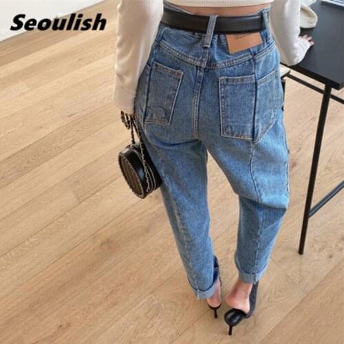 Casual Womens Denim Pants Irregular Pockets Patchwork High Waist Fashionable Loose Denim Jeans Female Trousers Pantalon 2021