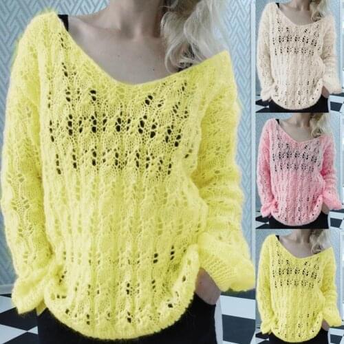 Casual Knitted Pullover Long Sleeve All Match Lady Hollow Out Round Neck Sweater