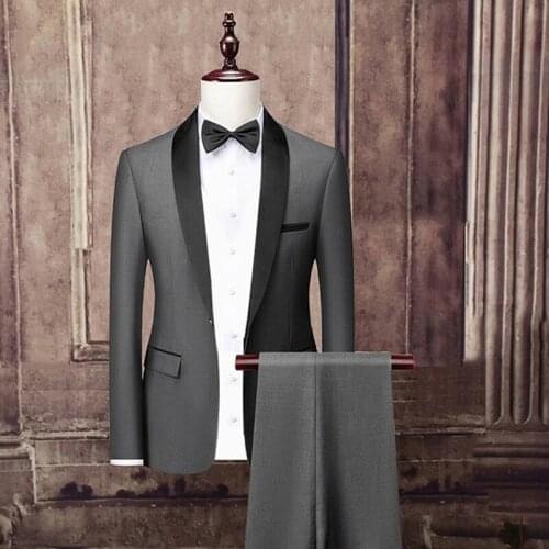 Real Photo Grey Men Suits Black Shawl Lapel Costume Homme Fashion Wedding Tuxedos Terno Masculino Groom Prom Blazer 2 Pieces