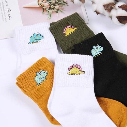 Cute Women Embroidery Dinosaur Cotton Socks white Lovely Cartoon Animal Vintage Short Socks Novelty Crazy Funny Cozy Sock Funky