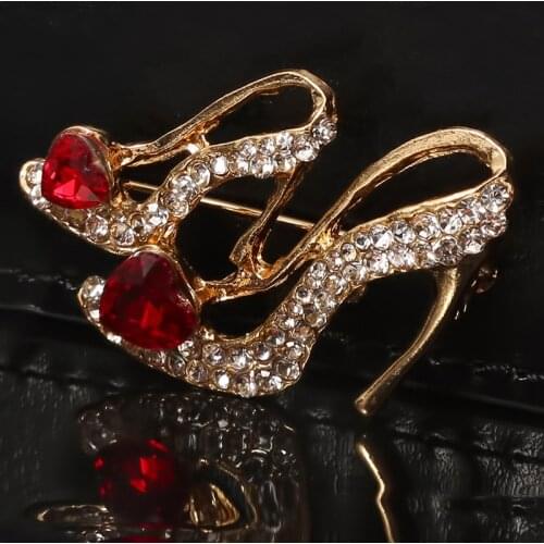High Heels Shoes Brooch Crystal Red Enamel Sandals Brooches Corsage Clips For Suit Scarf Dress Women Girls Jewelry Pins