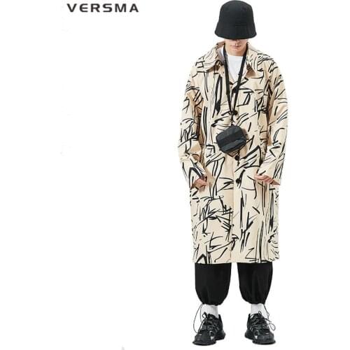 VERSMA Korean Clothing Graffiti Print Camouflage Long Men Women Trench Coat Hip Hop Oversized Windbreaker Men Jackets Plus Size