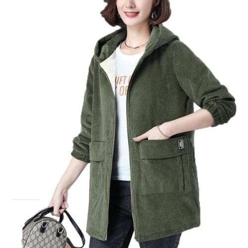 Windbreaker Women‘s Corduroy Mid-length 2021 Female Autumn Winter Plus Velvet Large Size Coat Zipper Stitching Hooded Jacket A11