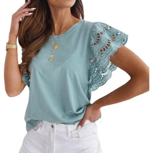 2021 Spring and Summer Womens Stitching Short Sleeve Round Neck Lace T-shirt