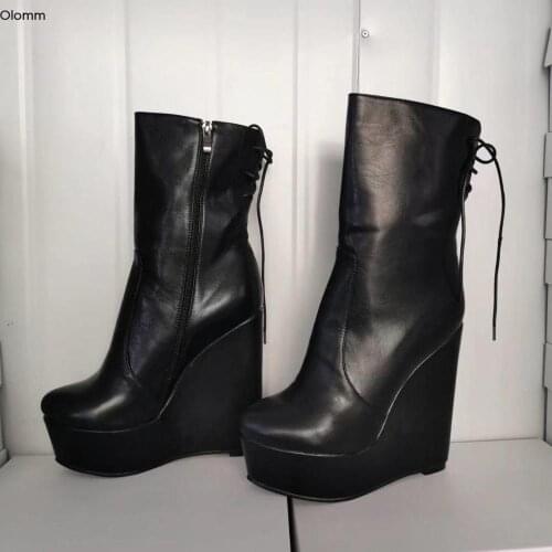 Olomm Handmade Women Winter Platform Ankle Boots Wedges High Heels Boots Round Toe Black Evening Shoes Women Plus US Size 5-20