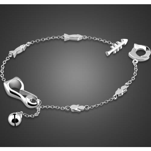Woman High Quality 100% 925 Sterling Silver Bracelet Cute Bell Cat Pendant Bracelet For Girls Chain Fine Jewelry Gift
