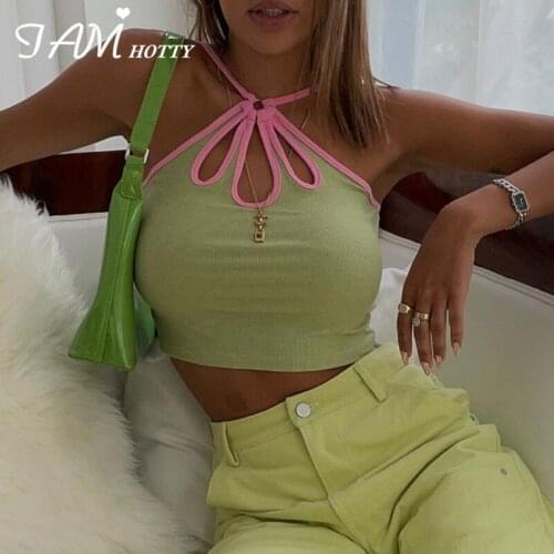 Hook Floral Hollow Out Halter Camisole Women Contrast Color Sleeveless Sexy Corset y2k Cotton Crop Top Cute Tees Green Iamhotty
