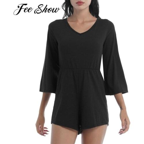 Women Jumpsuit Summer Pure Color Dancing Costume Shorts Playsuits V Neck Half Sleeves Open Back Elastic Waist Jumpsuits Bodysuit