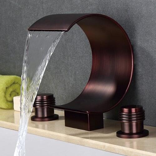 Antique brown solid brass Waterfall bathroom sink faucet art Double handle three holes High-quality basin mixer faucet-D