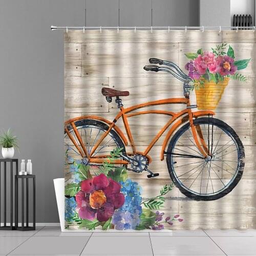 Antique Old-Fashioned Bicycle Shower Curtain Wood Grain Flower Household Bathroom Decorative Curtain Screen Waterproof With Hook