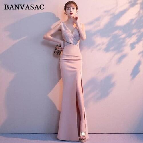 BANVASAC 2019 Deep V Neck Luxury Crystal Mermaid Long Evening Dresses Elegant Split Backless Party Prom Gowns