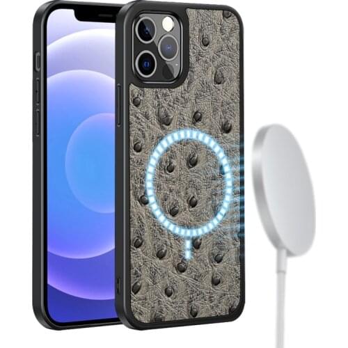 Genuine Cow Leather Phone Case For iPhone 12 Pro Max 12 Mini Ostrich Grain Magnetic Wireless Charging Back Cover Shell