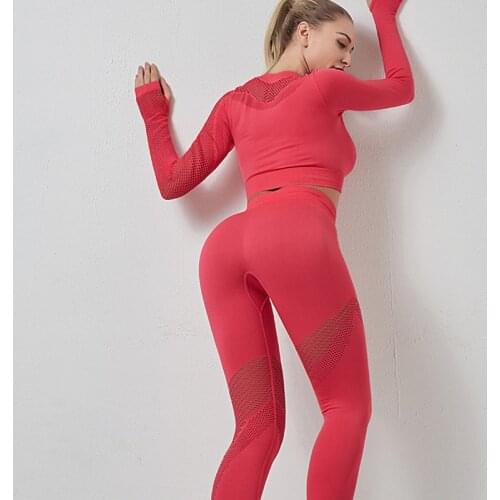 Breathable Womens Sportswear Yoga Set Workout Clothes Athletic Wear Gym Legging Seamless Fitness Crop Top Long Sleeve Yoga Suit
