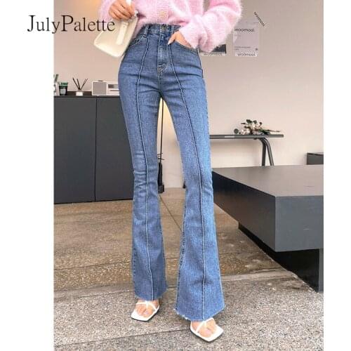 JulyPalette Vintage Stitching Flare Jeans Elegant Slim Ladies High Waist Blue Denim Jeans 2021 New Women Skinny Trousers