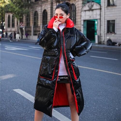 Korean Glossy Winter Jacket Women Long Warm Down Padded Parka Female Black Puffer Jackets Plus size Overcoat Female Streetwear