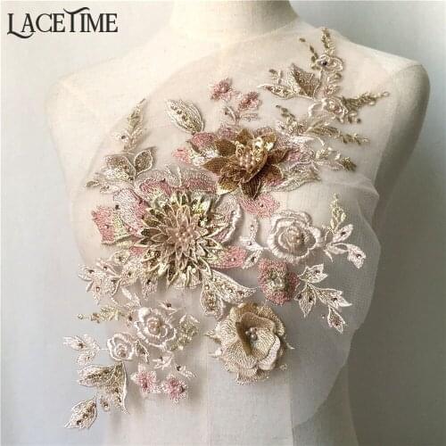 1 Piece Elegant 3D Sequins Flower Lace Applique Sewing Trim With Pearl Beaded In Gold For Bridal Dress, Costume Design