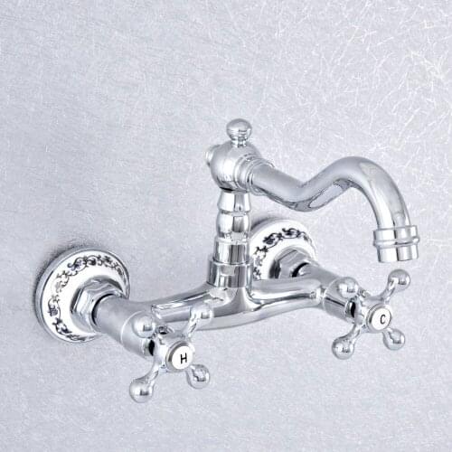 Silver Chrome 2 Cross Handle 2 Hole Ceramic Base Kitchen Bathroom Basin Faucet Sink Cold Hot Mixer Taps Swivel Spout 360' dsf786