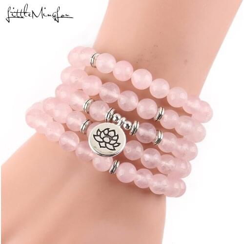Little Minglou Luxurious powder crystal Natural Stone 108 Mala Lotus Bracelet or Necklace Reiki Charged Buddhist Rosary Bracelet