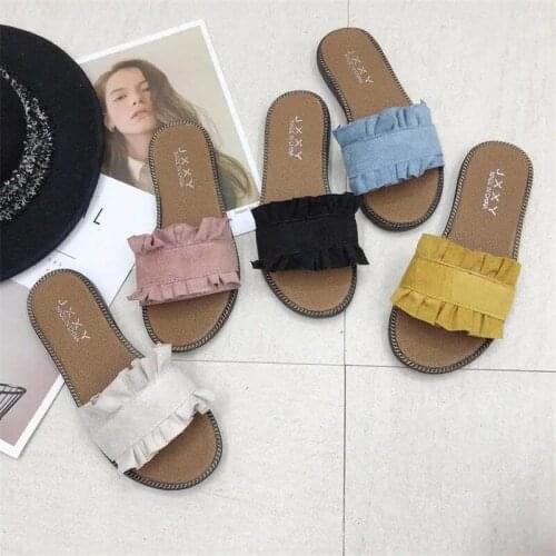 Candy Color Sweet Ruffle Suede Slippers Women Non-slip Flat Slides For Home House Ladies Fashion Summer Outdoor Beach Shoes 2021