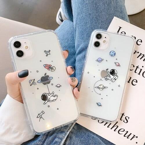 Ottwn Astronauts Planet Cartoon Phone Case For iPhone 11 12 Pro Max Mini X XR XS Max 7 8 Plus Transparent Soft TPU Back Cover