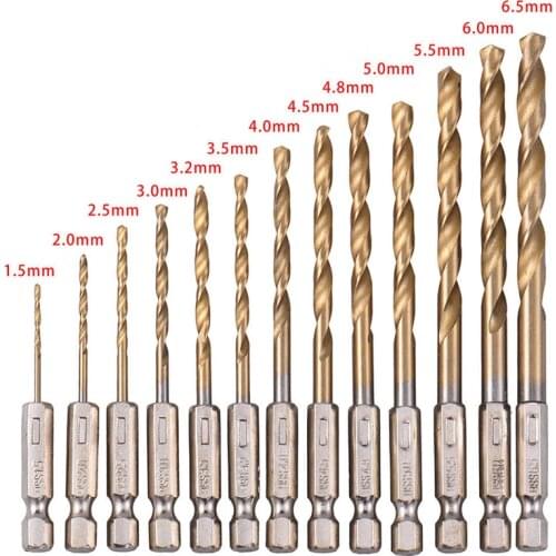 13 Pcs Drill Bit Set For Plastic Wood Titanium Coated HSS High Speed Steel 1/4 Hex Shank Coated Metal Drill Woodworking Tools