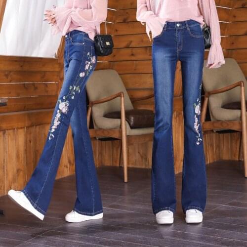 2021 New Autumn Spring Flower Embroidery Loose Jeans Woman Vintage Flare Pants Plus Size Full-length Elastic Denim Trousers A42