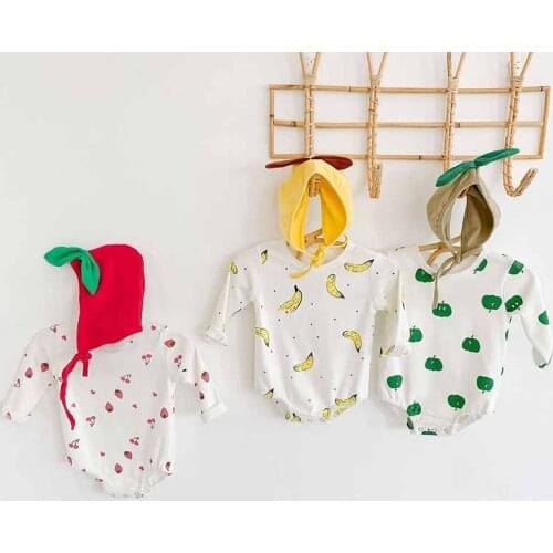 Autumn New Baby Girls Bodysuits Lovely Fruit print jumpsuit Long-Sleeve Jumpsuit+Hat Set Baby Cotton One-Piece Crawling Clothes