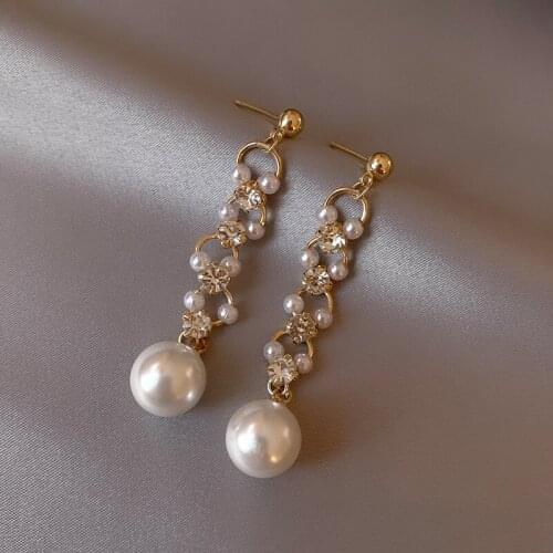 Rhinestone pearl earrings female Korean fashion pearl earrings net celebrity design temperament tassel earrings