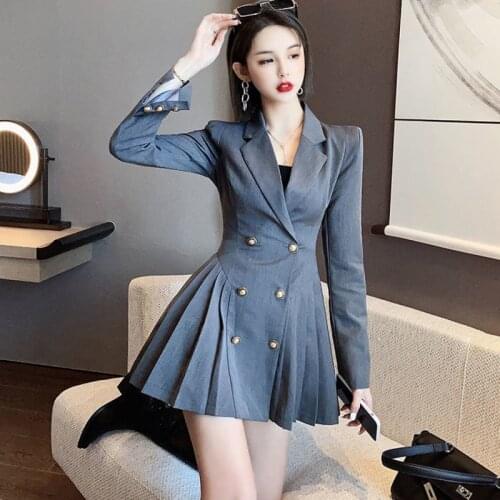 Dress Women Hot Sale Pleated Double Breasted Ruched Vestido Dresses Vintage V-Neck Suit Dress Elegant Mini A-line Dress