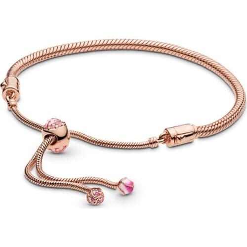 Peach Blossom Flower Sliding Bracelets for Women Rose Golden Adjustabel Chain Jewelry Pink Crystal Charms Bracelets