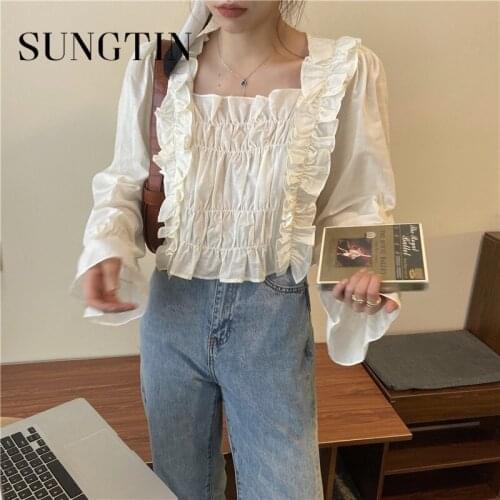 Sungtin Square Collar Women Flare Sleeve Sexy Blouse Shirt Summer 2021 Korean Female Tops Chic Cute Kawaii Tops Elegant New