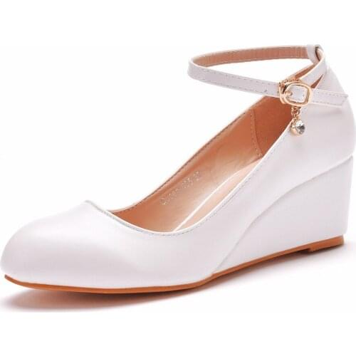 Classic High Heels Shoes Platform Wedge Female Pumps Womens Flock Buckle Bowtie Ankle Wedding Shoes Round Toe White Large size