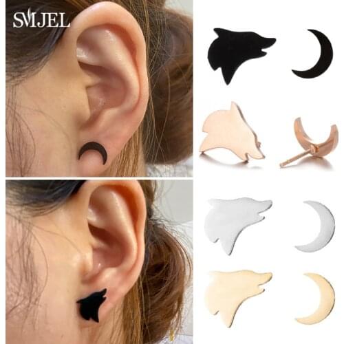 Design Wolf Howling at the Moon Earrings for Women Stainless Steel Asymmetrical Ear Studs Animal Teen Wolf Earings Jewelry